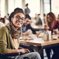 young black woman in wheelchair having lunch with friends